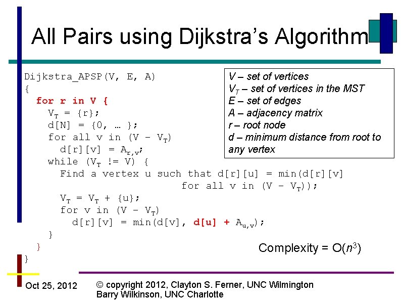 All Pairs using Dijkstra’s Algorithm Dijkstra_APSP(V, E, A) V – set of vertices {