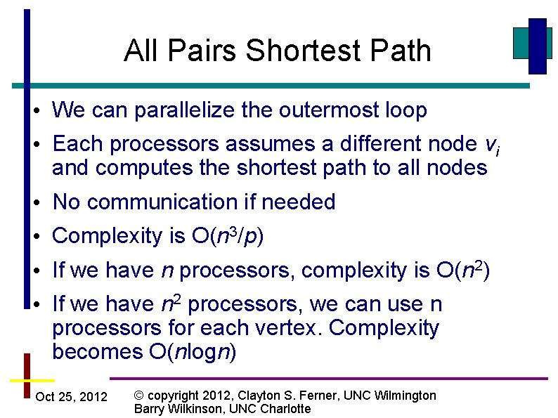 All Pairs Shortest Path • We can parallelize the outermost loop • Each processors