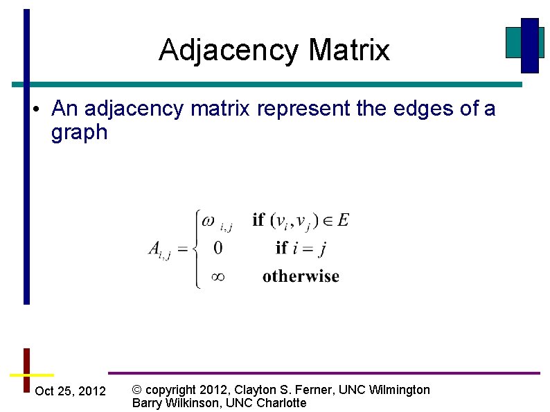 Adjacency Matrix • An adjacency matrix represent the edges of a graph Oct 25,