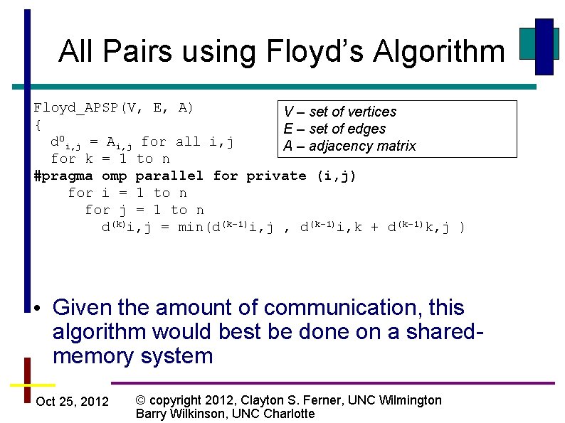 All Pairs using Floyd’s Algorithm Floyd_APSP(V, E, A) V – set of vertices {