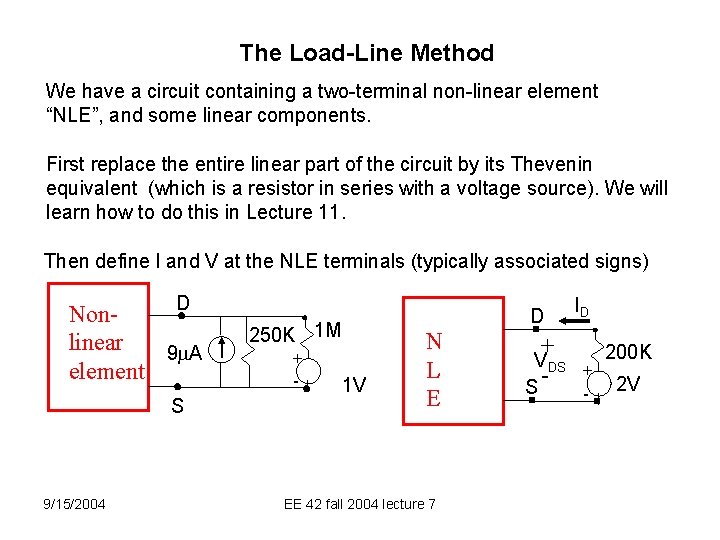 The Load-Line Method We have a circuit containing a two-terminal non-linear element “NLE”, and