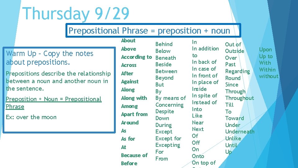 Thursday 9/29 Prepositional Phrase = preposition + noun About Warm Up – Copy the