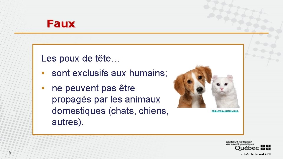 Faux Les poux de tête… • sont exclusifs aux humains; • ne peuvent pas