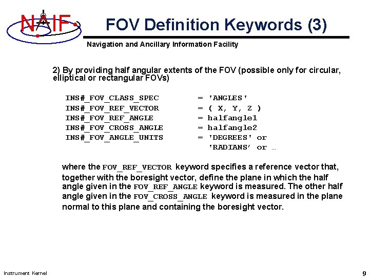 N IF FOV Definition Keywords (3) Navigation and Ancillary Information Facility 2) By providing