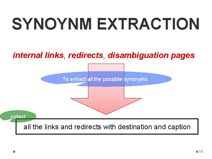 SYNOYNM EXTRACTION internal links, redirects, disambiguation pages To extract all the possible synonyms collect