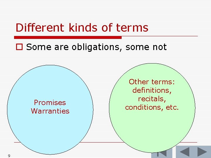 Different kinds of terms o Some are obligations, some not Promises Warranties 9 Other