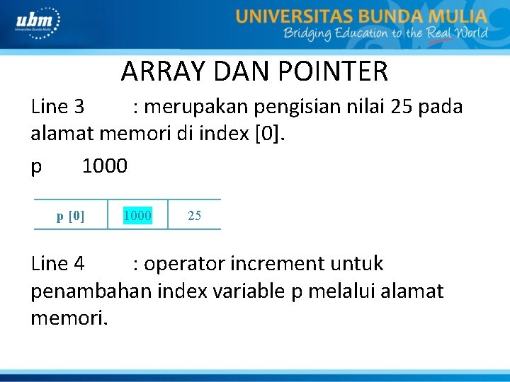 ARRAY DAN POINTER Line 3 : merupakan pengisian nilai 25 pada alamat memori di