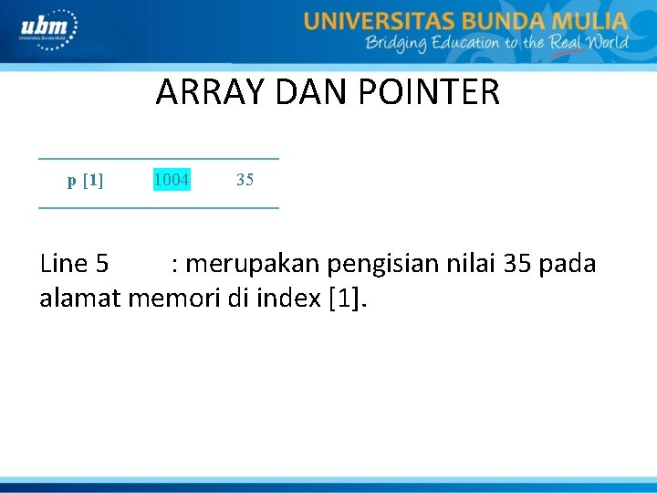 ARRAY DAN POINTER p [1] 1004 35 Line 5 : merupakan pengisian nilai 35