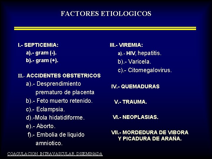 FACTORES ETIOLOGICOS I. - SEPTICEMIA: a). - gram (-). b). - gram (+). II.