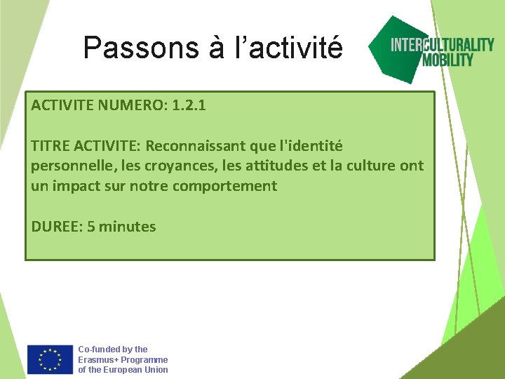 Passons à l’activité ACTIVITE NUMERO: 1. 2. 1 TITRE ACTIVITE: Reconnaissant que l'identité personnelle,