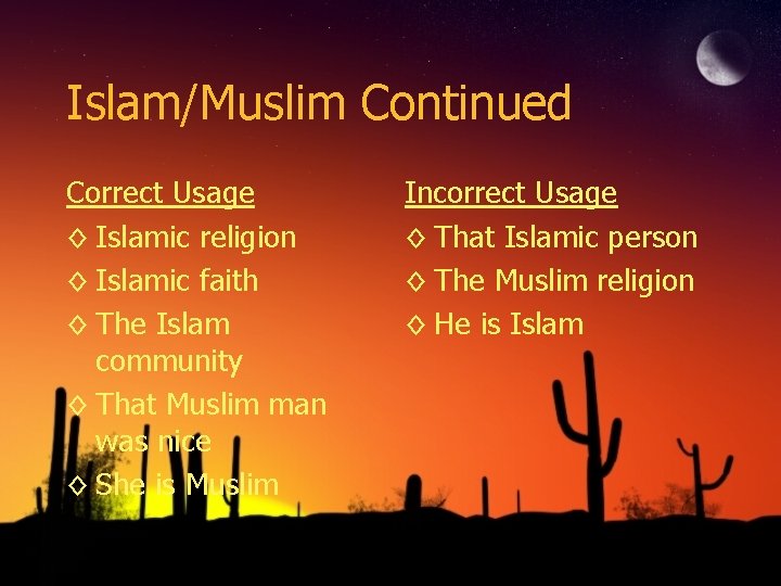 Islam/Muslim Continued Correct Usage ◊ Islamic religion ◊ Islamic faith ◊ The Islam community