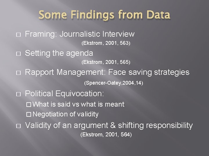 Some Findings from Data � Framing: Journalistic Interview (Ekstrom, 2001, 563) � Setting the