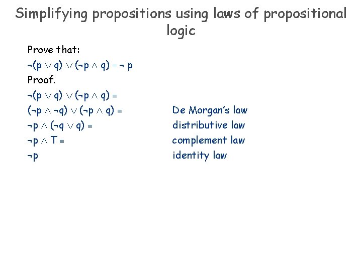 Simplifying propositions using laws of propositional logic Prove that: ¬(p q) (¬p q) ≡