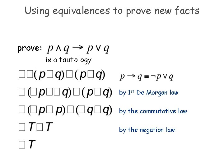 Using equivalences to prove new facts prove: is a tautology by 1 st De