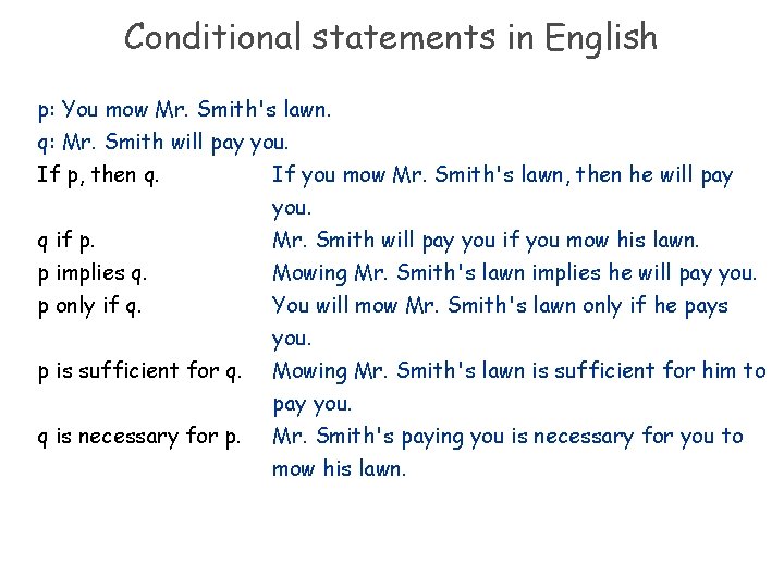 Conditional statements in English p: You mow Mr. Smith's lawn. q: Mr. Smith will