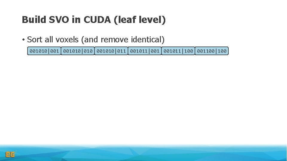 Build SVO in CUDA (leaf level) • Sort all voxels (and remove identical) 001010|001