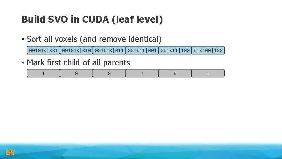 Build SVO in CUDA (leaf level) • Sort all voxels (and remove identical) 001010|001