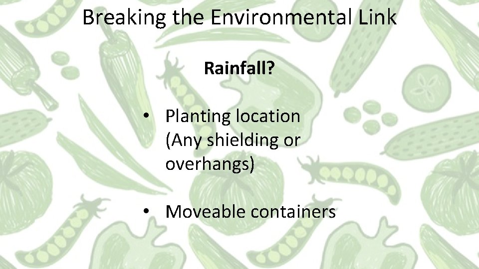 Breaking the Environmental Link Rainfall? • Planting location (Any shielding or overhangs) • Moveable