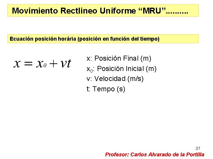 Movimiento Rectlineo Uniforme “MRU”. . Ecuación posición horária (posición en función del tiempo) x: