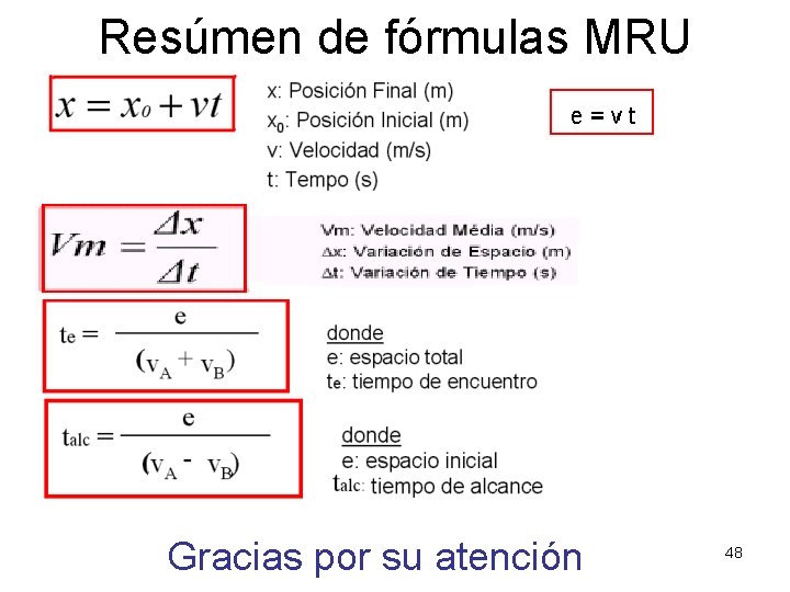 Resúmen de fórmulas MRU Gracias por su atención 48 