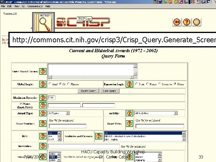 http: //commons. cit. nih. gov/crisp 3/Crisp_Query. Generate_Screen 7/26/2006 HACU Capacity Building Workshop - Dr.