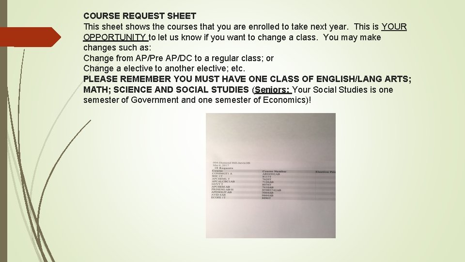 COURSE REQUEST SHEET This sheet shows the courses that you are enrolled to take