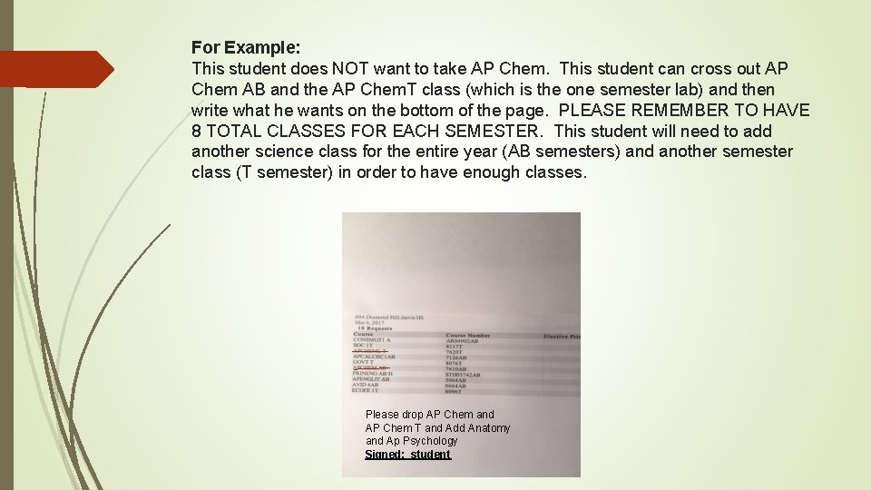 For Example: This student does NOT want to take AP Chem. This student can