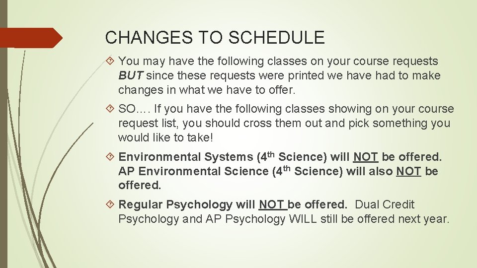 CHANGES TO SCHEDULE You may have the following classes on your course requests BUT