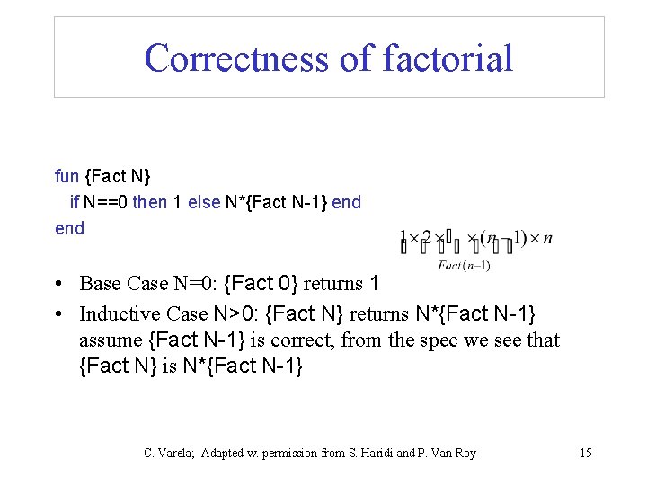 Correctness of factorial fun {Fact N} if N==0 then 1 else N*{Fact N-1} end