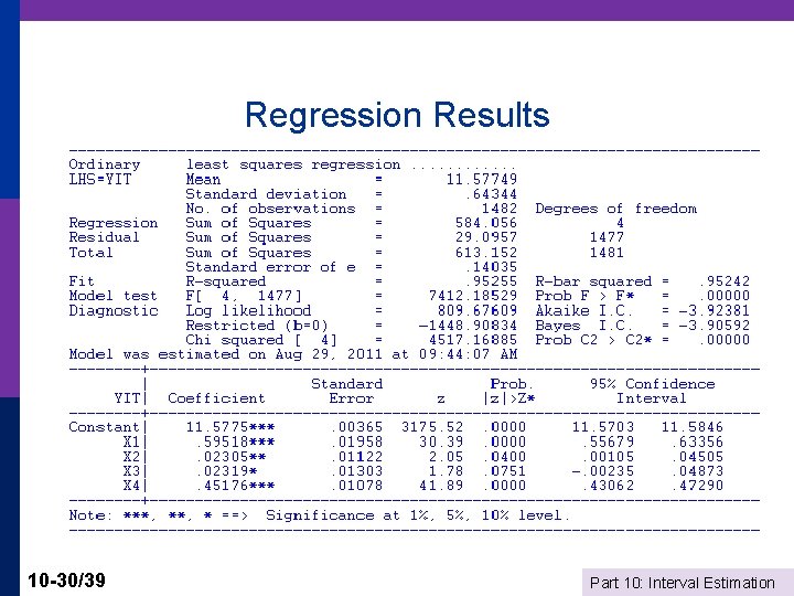 Regression Results 10 -30/39 Part 10: Interval Estimation 