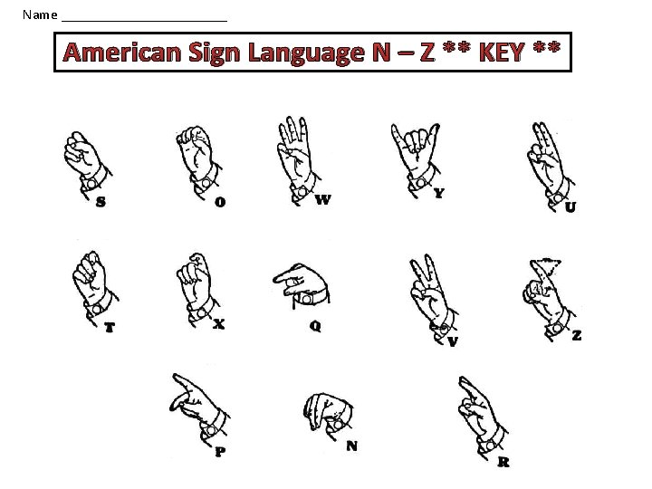 Name ____________ American Sign Language N – Z ** KEY ** 