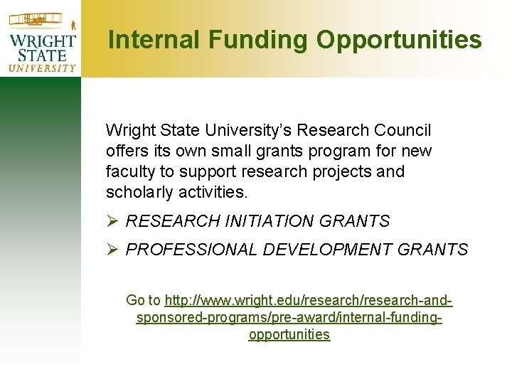 Internal Funding Opportunities Wright State University’s Research Council offers its own small grants program Internal Funding Opportunities Wright State University’s Research Council offers its own small grants program