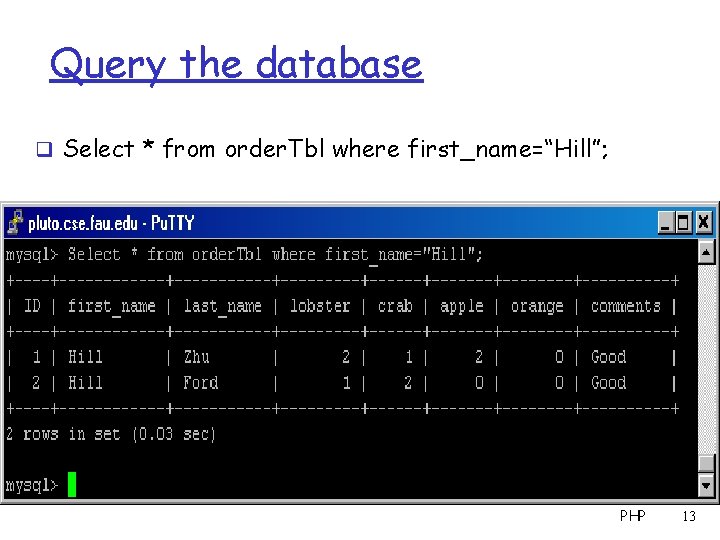 Query the database q Select * from order. Tbl where first_name=“Hill”; PHP 13 