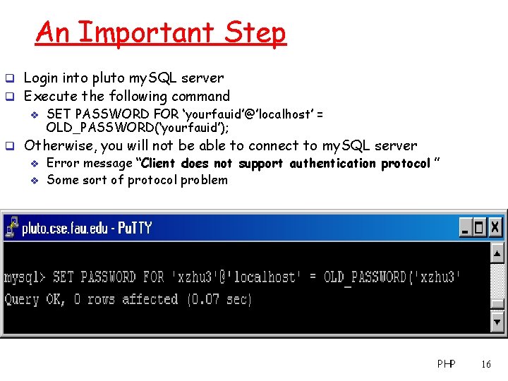 An Important Step q Login into pluto my. SQL server q Execute the following