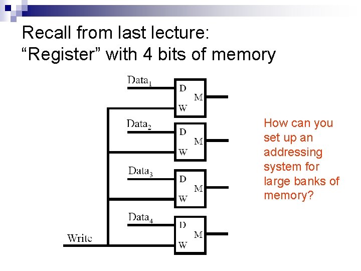 Recall from last lecture: “Register” with 4 bits of memory How can you set
