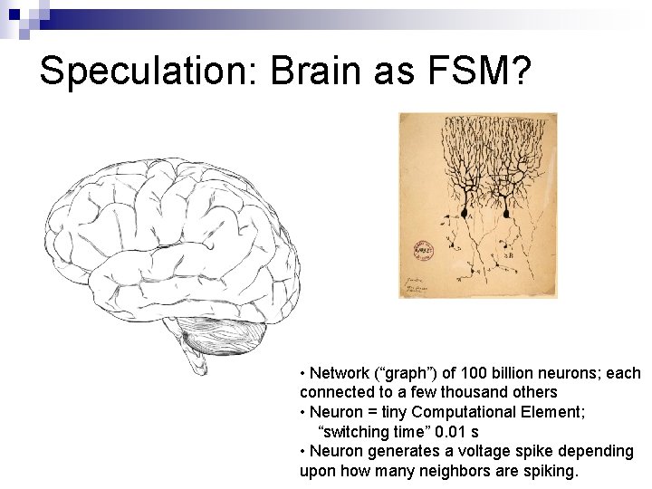 Speculation: Brain as FSM? • Network (“graph”) of 100 billion neurons; each connected to