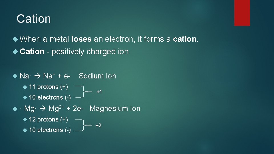 Cation When a metal loses an electron, it forms a cation. Cation Na· ·