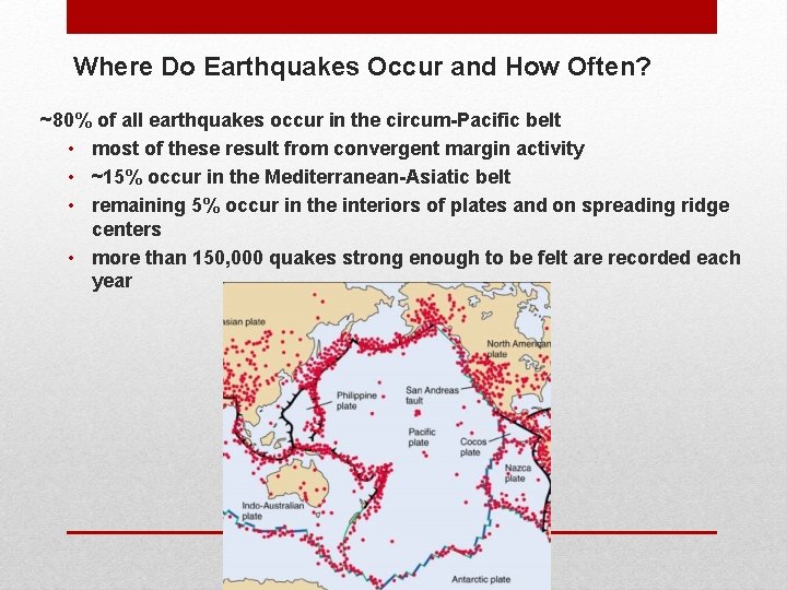 Where Do Earthquakes Occur and How Often? ~80% of all earthquakes occur in the