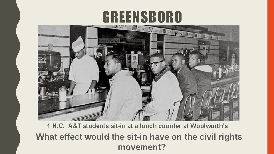 GREENSBORO 4 N. C. A&T students sit-in at a lunch counter at Woolworth’s What GREENSBORO 4 N. C. A&T students sit-in at a lunch counter at Woolworth’s What