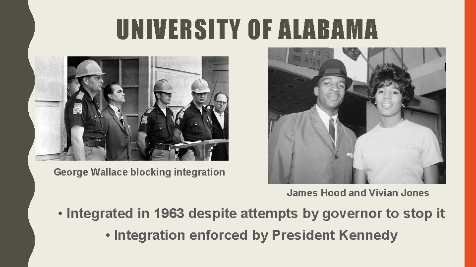 UNIVERSITY OF ALABAMA George Wallace blocking integration James Hood and Vivian Jones • Integrated UNIVERSITY OF ALABAMA George Wallace blocking integration James Hood and Vivian Jones • Integrated