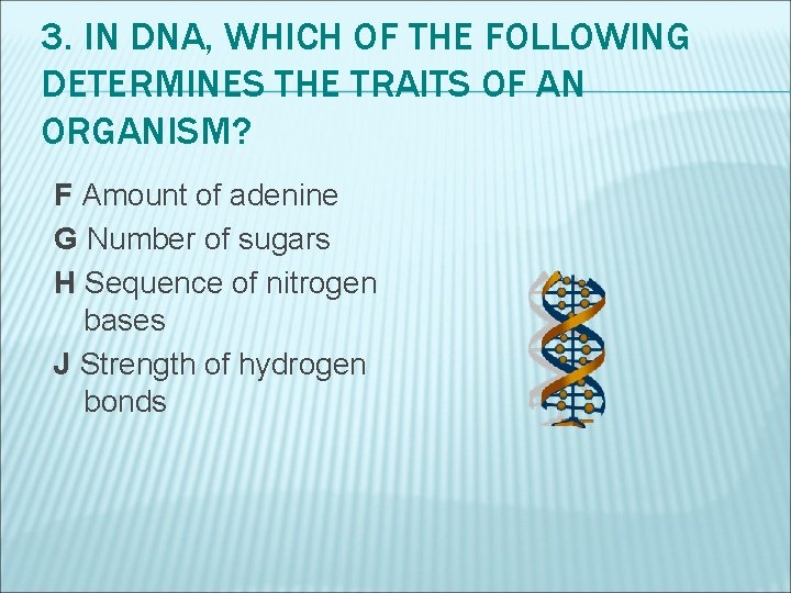 3. IN DNA, WHICH OF THE FOLLOWING DETERMINES THE TRAITS OF AN ORGANISM? F