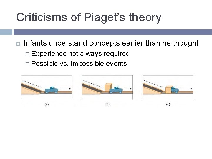 Criticisms of Piaget’s theory Infants understand concepts earlier than he thought � Experience not Criticisms of Piaget’s theory Infants understand concepts earlier than he thought � Experience not