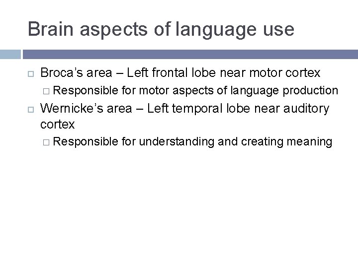 Brain aspects of language use Broca’s area – Left frontal lobe near motor cortex Brain aspects of language use Broca’s area – Left frontal lobe near motor cortex