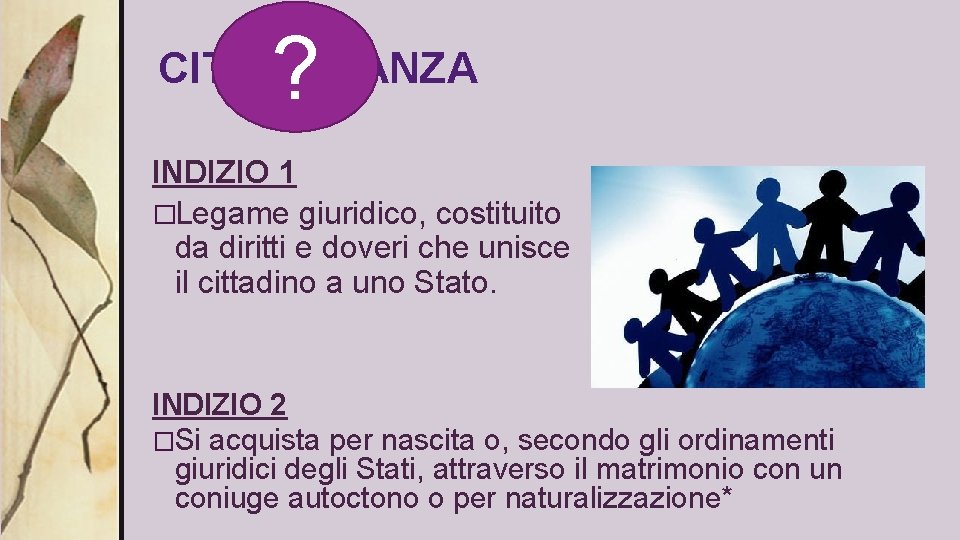 ? CITTADINANZA INDIZIO 1 �Legame giuridico, costituito da diritti e doveri che unisce il