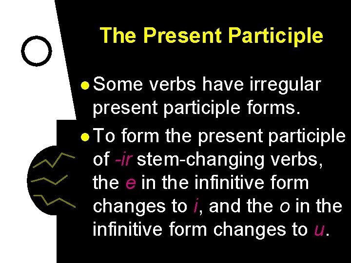 The Present Participle l Some verbs have irregular present participle forms. l To form