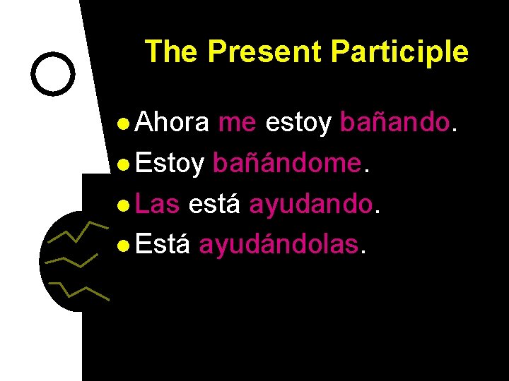 The Present Participle l Ahora me estoy bañando. l Estoy bañándome. l Las está