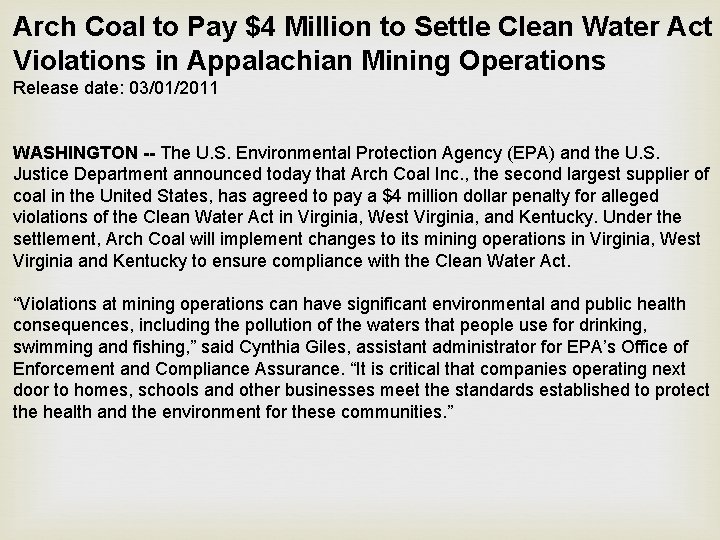 Arch Coal to Pay $4 Million to Settle Clean Water Act Violations in Appalachian