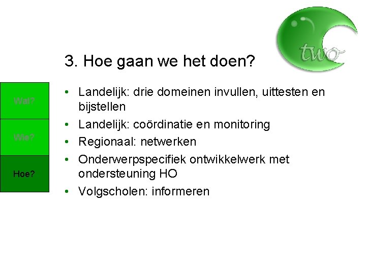 3. Hoe gaan we het doen? Wat? Wie? Hoe? • Landelijk: drie domeinen invullen,