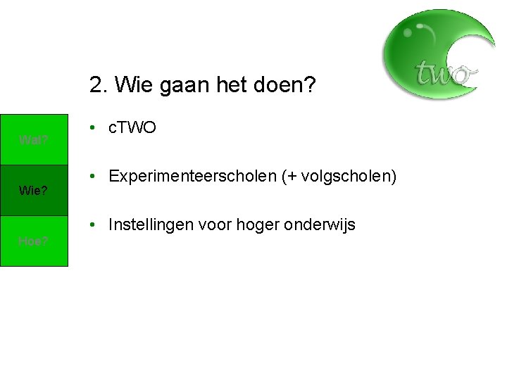 2. Wie gaan het doen? Wat? Wie? Hoe? • c. TWO • Experimenteerscholen (+