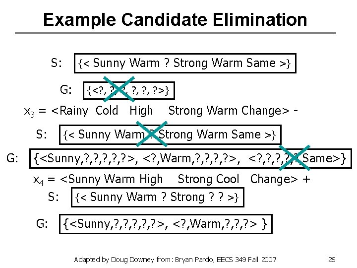 Example Candidate Elimination S: {< G: Sunny Warm ? Strong Warm Same >} {<?